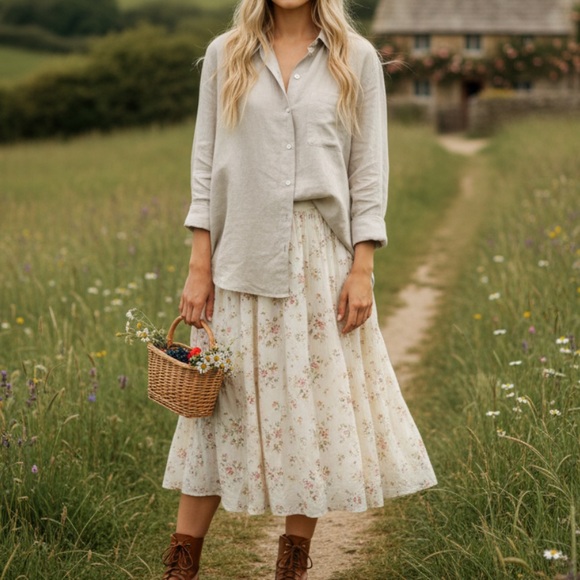liz sport Tops - Liz Claiborne Cottagecore Medium 100% Linen Light Grey/Blue Button Down Shirt
